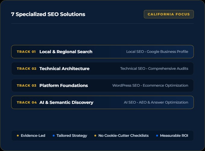 California SEO Services Overview illustrating specialized service tracks for California businesses by Jiad Hassan